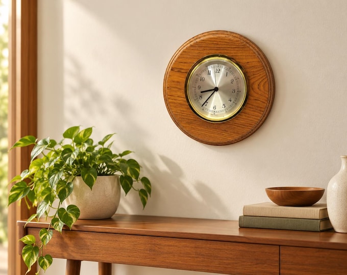 Vintage Nautical Wood Wall Clock, Brass Dial, Made in Germany