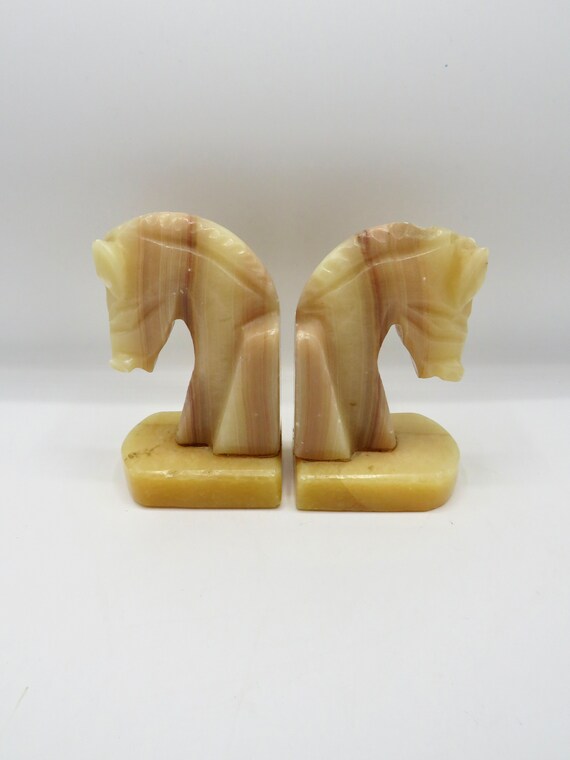 Vintage Bookends Kelpie / Onyx Stone Marble Book Ends / Pair of bookends horse head Mid Century Library Decor /  Veined / desk