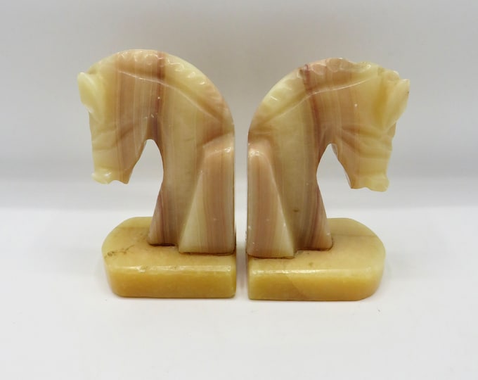 Vintage Bookends Kelpie / Onyx Stone Marble Book Ends / Pair of bookends horse head Mid Century Library Decor /  Veined / desk