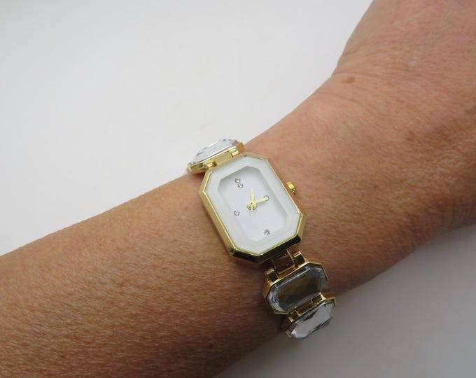 Bling Rectangle Watch: Gold Plated Bracelet, Clear White Dial