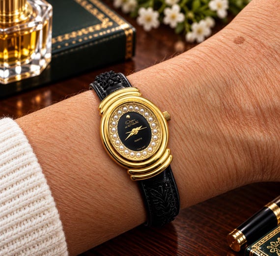 Vintage  Ladies Watch, Gold Tone Dress Watch, Black Rare Strap, Classic Elegant Timepiece (ZA11)