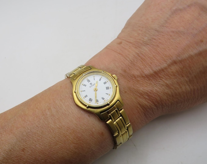 Vintage Titan Bracelet Watch: Gold Plated, White Dial, 6.2" Wrist (T21)