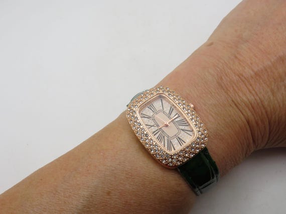 Vintage Rose Gold Watch: diamond Dial, green Face BB11