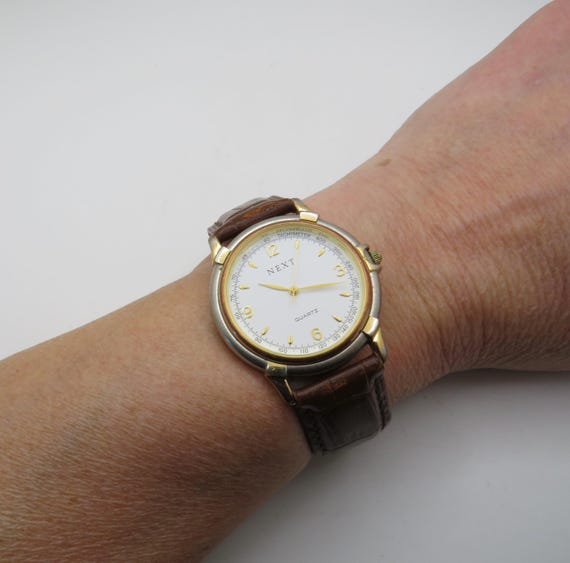 Vintage Next watch / white dial watch / Battery Quartz watch / brown strap Watch / Gift for him (a32)