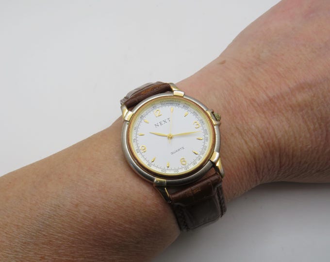 Vintage Next watch / white dial watch / Battery Quartz watch / brown strap Watch / Gift for him (a32)