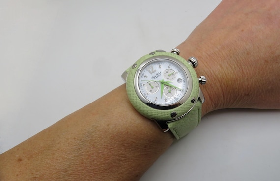 Vintage Fashion Watch / Glam Rock watch / leather watch / quartz watch / green watch
