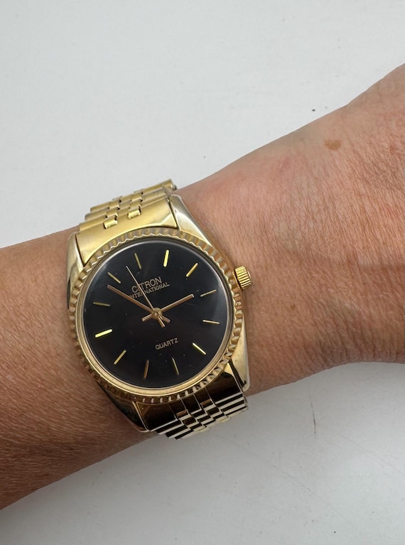 Vintage Citron International Quartz Watch – Gold Tone Black Dial Dress Watch c19