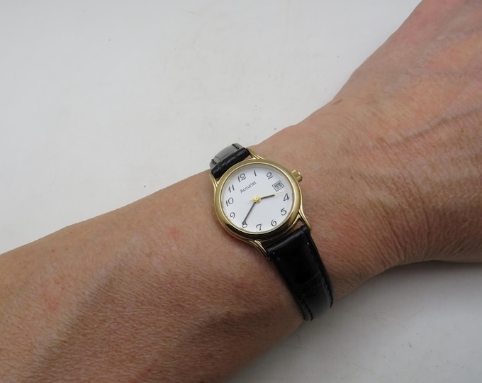 Vintage Accurist Ladies Watch: white dial, Gold Finish, black Leather Strap (y28)
