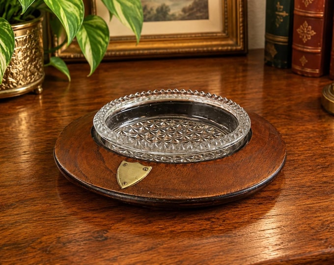 Vintage Masonic Lodge Glass Bowl, Wooden Ashtray (6.5")