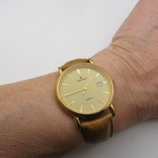 Vintage gold watch / hirsch strap / Junghans watch / gold Quartz watch / gents Gold Plated Swiss  Dress Watch /  Watch / Gift for him (R15)