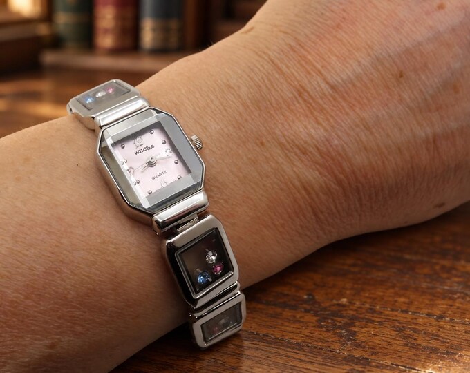 Vintage Jeweled Watch, Pink Dial, Silver Tone - 7.4 inch