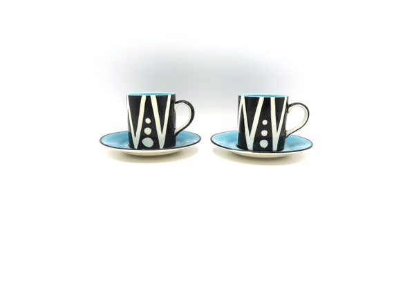 vintage Coffee / 2x Tea cup with saucer Handmade cappuccino cups Stoneware cup Pottery ceramics Birthday gift / vintage small cup set