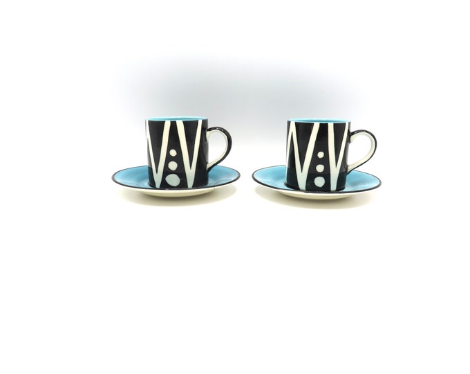 vintage Coffee / 2x Tea cup with saucer Handmade cappuccino cups Stoneware cup Pottery ceramics Birthday gift / vintage small cup set