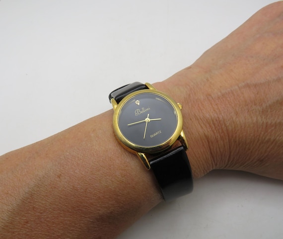 Vintage Bellini Ladies Watch: Gold Tone, Black Dial, Adjustable Leather Strap (M30)