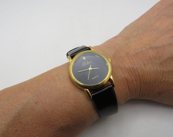 Vintage Bellini Ladies Watch: Gold Tone, Black Dial, Adjustable Leather Strap (M30)