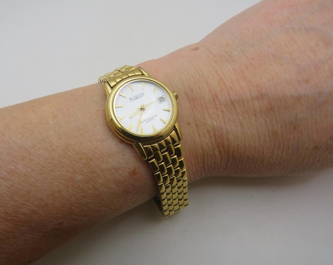 Gold Watch, Vintage Aviatime, small 5.5" wrist size, quartz battery, womans gift / ladies  (B12)