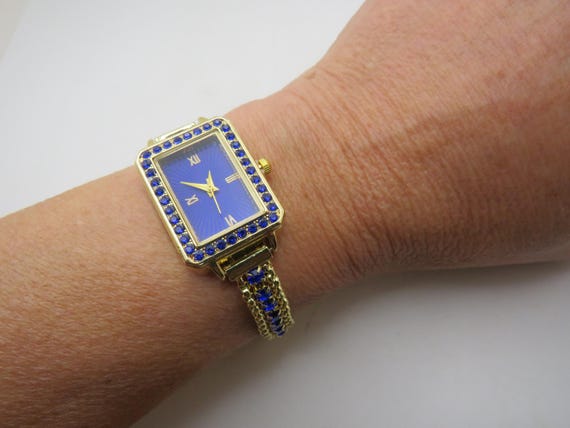 Vintage Rectangle Blue Watch: Gold Plated Bracelet, Classic Ladies Style