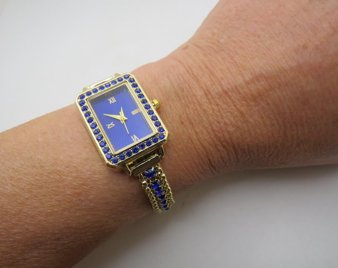 Vintage Rectangle Blue Watch: Gold Plated Bracelet, Classic Ladies Style