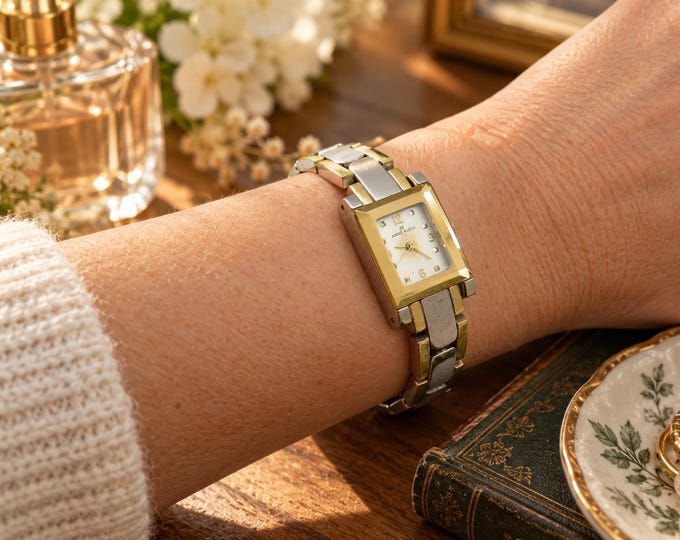 Vintage Anne Klein Two-Tone Watch: Gold & Silver Square Face f21