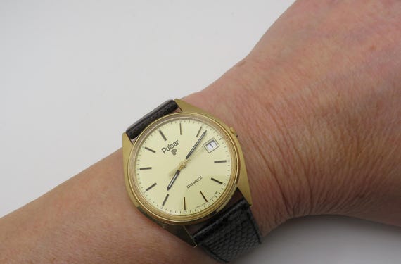 Pulsar by seiko watch / lizard strap / retro watch / gents Gold Plated  Dress Watch / Gift for him (k9)