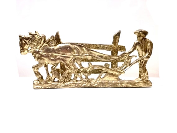 Vintage brass plough /  letter holder /  Mid Century / horse brass  /  KITSCH / brass work horse / farm / brass plough /