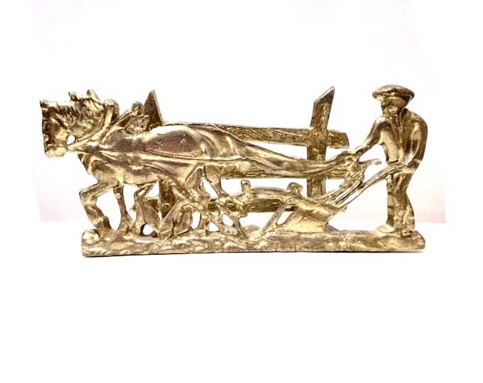 Vintage brass plough /  letter holder /  Mid Century / horse brass  /  KITSCH / brass work horse / farm / brass plough /