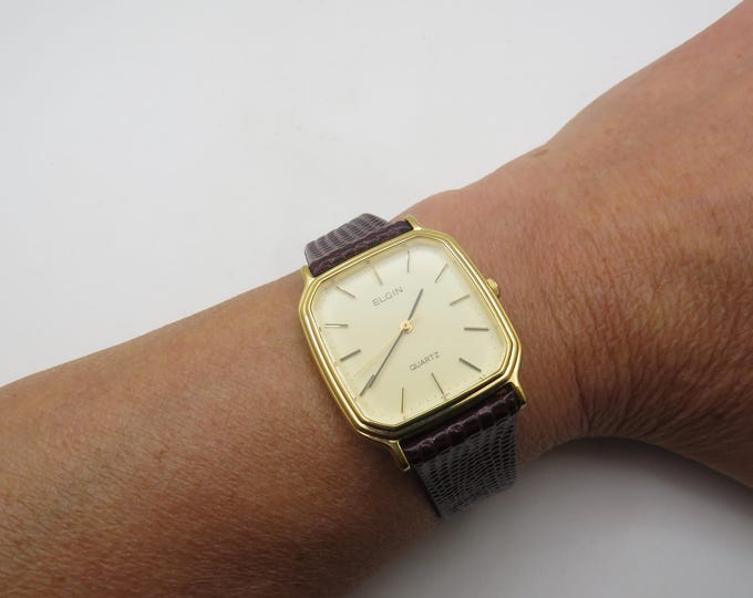 vintage watch /  Elgin sports watch / rectangle gold watch / gents Gold Plated  Dress Watch / Gift for him (n21)