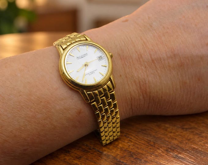 Gold Watch, Vintage Aviatime, small 5.5" wrist size, quartz battery, womans gift / ladies  (B12)