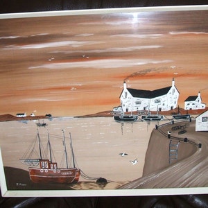 Vintage Art ORIGINAL / rare Seascape / retro WATERCOLOUR / Artist J Fisher / vintage art / vintage artwork / art / seaside / vintage boats /