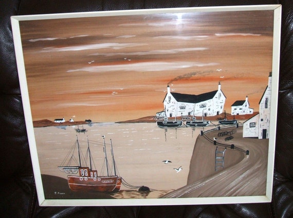 Vintage Art ORIGINAL / rare Seascape / retro WATERCOLOUR / Artist J Fisher / vintage art / vintage artwork / art / seaside / vintage boats /