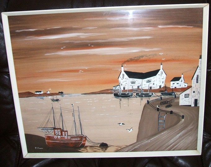 Vintage Art ORIGINAL / rare Seascape / retro WATERCOLOUR / Artist J Fisher / vintage art / vintage artwork / art / seaside / vintage boats /