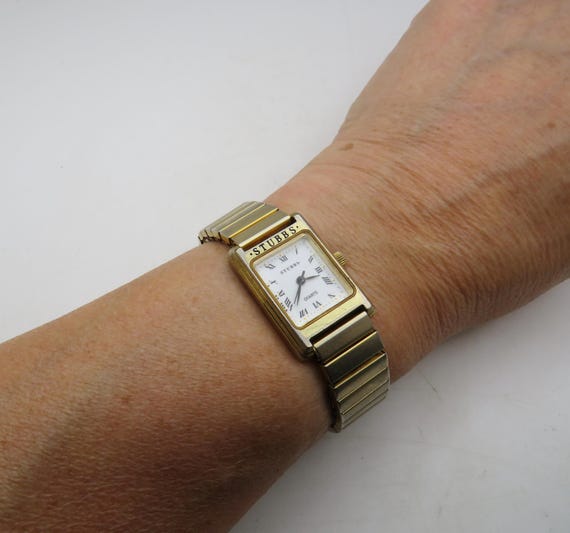 Vintage Stubbs Gold Plated Dress Watch: White Rectangle Dial (W13)
