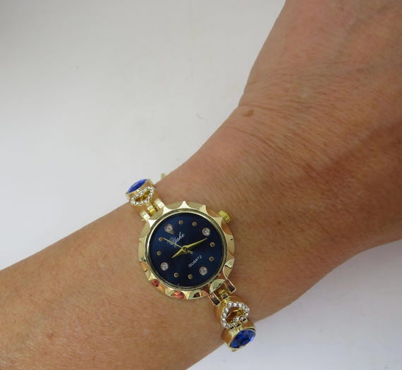 Vintage Yale Heart Watch: Gold Plated Bracelet, Blue Dial AA15