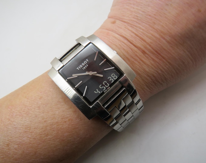 Rectangle watch / Tissot l890/990k collection / Wrist 7.4 / Swiss / twin time Watch / Gift for him (q11)