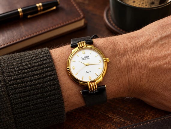 Vintage LOBOR Quartz Watch, 23K Gold Plated, 34mm (P26)