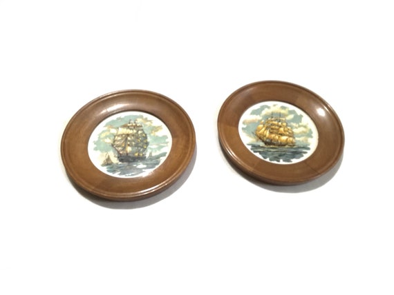 teak framed  clipper ship plates / 2x plates / ships / Collectable plates set / Collectable ship plates / vintage Plate set