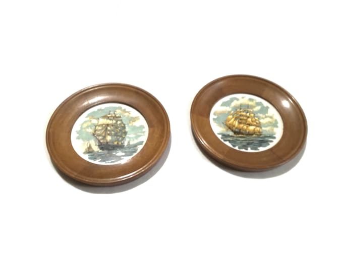 teak framed  clipper ship plates / 2x plates / ships / Collectable plates set / Collectable ship plates / vintage Plate set