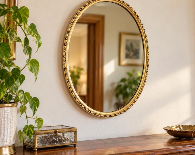 Vintage oval Wall Mirror Guilt  / Made in England / with Gold painted Frame