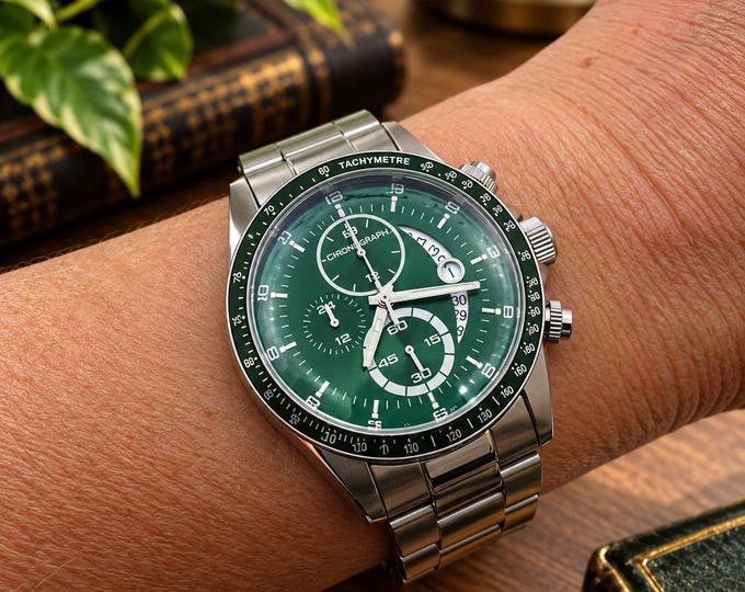 Vintage sports chronograph watch / carrero green watch / oversized dial Gents Watch / gift for him / vintage sports