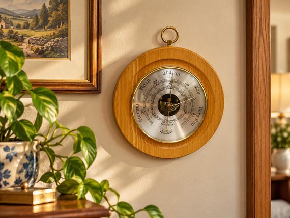 Vintage Elm Wood Barometer, Nautical Temperature Gauge, Made in England