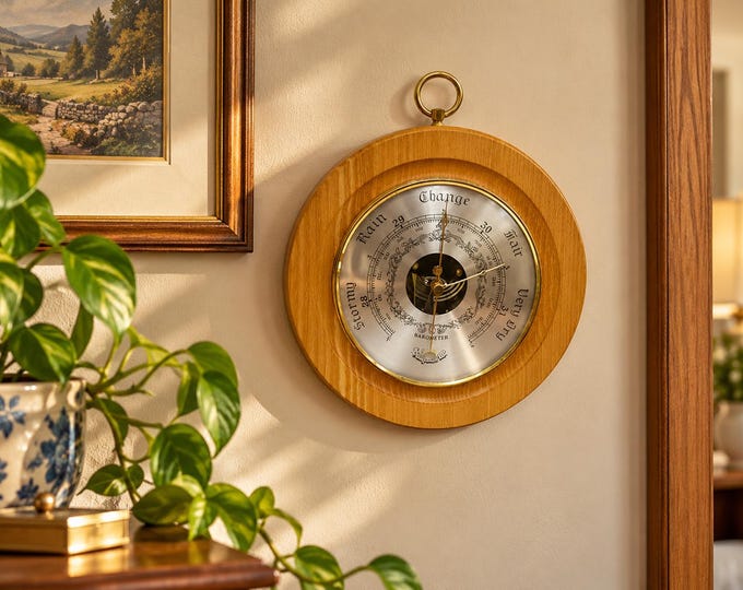 Vintage Elm Wood Barometer, Nautical Temperature Gauge, Made in England