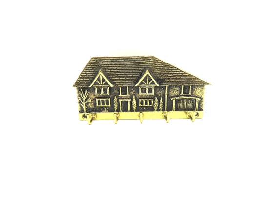 Key holder for 5 keys / solid brass wall decor / vintage brass / house / building design