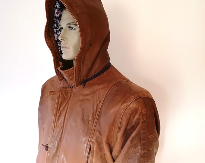 Leather Duffle jacket /  vintage mens Leather coat  / size L / menswear  / new old stock / vintage clothing / mens gift
