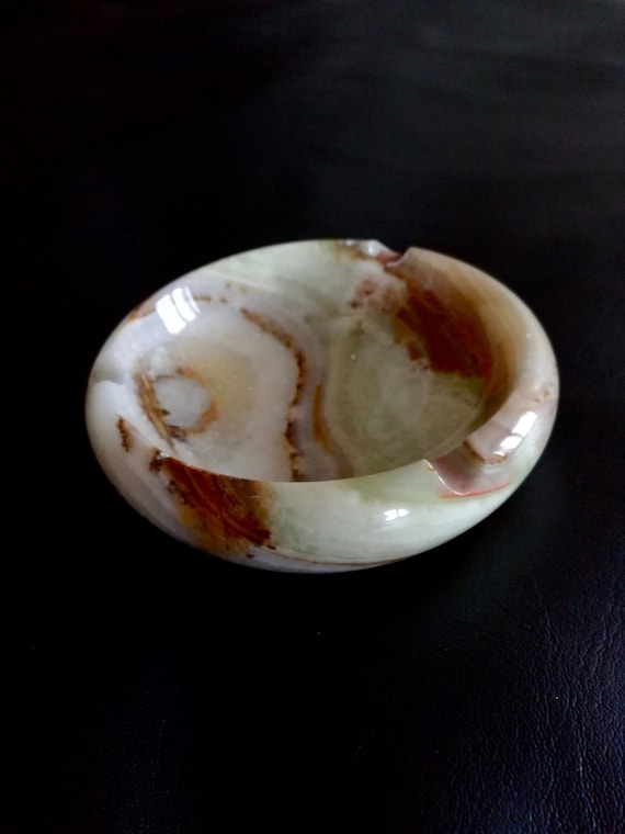 Stone Ashtray / Carved stone marble / Pale Green Veined / Onyx Marble Agate / Retro Ash Tray / Semi Precious Stone / Smoking Accessory (RB)