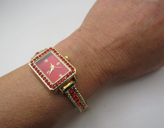 Vintage Red Dial Rectangle Watch: Gold Plated Bracelet, AA4