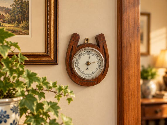 Vintage Horseshoe Barometer, Art Deco Wood Casing, Made in England
