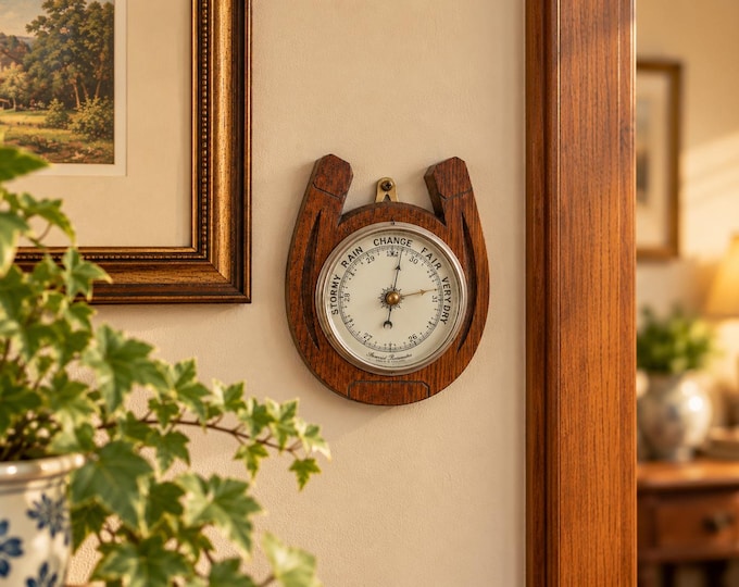 Vintage Horseshoe Barometer, Art Deco Wood Casing, Made in England