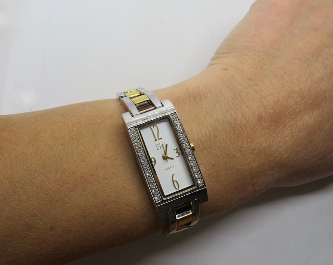 Vintage Tank watch  / diamond elvi dress watch /  two tone /  Quartz watch / Ladies Dress Watch /  womans Watch /  Gift for her