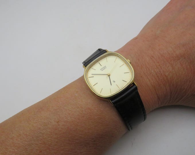 Vintage Citizen Tank Watch: Gold Dial, Black Leather Strap, J19