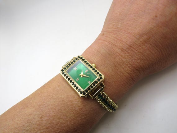 Vintage Rectangle Green Dial Watch: Gold Plated Bracelet, AA6